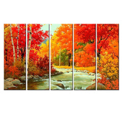 Multiple Wooden Frame Colorful Autumn Season Forest River Scenery Canvas Wall Painting for Living Room, Bedroom, Office Wall Decoration (24" x 8" Each Panel)