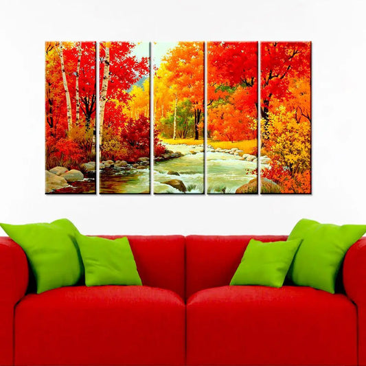 Multiple Wooden Frame Colorful Autumn Season Forest River Scenery Canvas Wall Painting for Living Room, Bedroom, Office Wall Decoration (24" x 8" Each Panel)