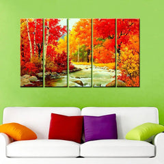 Multiple Wooden Frame Colorful Autumn Season Forest River Scenery Canvas Wall Painting for Living Room, Bedroom, Office Wall Decoration (24" x 8" Each Panel)