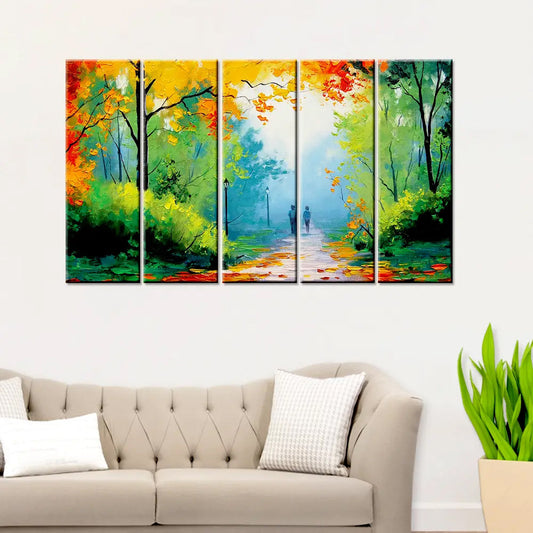 Multiple Wooden Frame Relaxing in the Nature Park Canvas Print Set of 5 Pieces Wall Painting for Living Room, Bedroom, Office Wall Decoration (24" x 8" Each Panel)