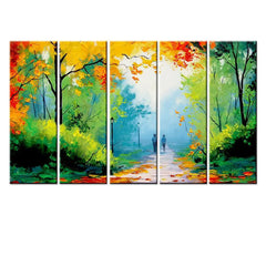 Multiple Wooden Frame Relaxing in the Nature Park Canvas Print Set of 5 Pieces Wall Painting for Living Room, Bedroom, Office Wall Decoration (24" x 8" Each Panel)