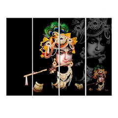 Multiple Frame Beautiful Multicolour Krishna with Flute Spiritual Canvas Print Set of 4 Pieces Wall Painting for Living Room, Bedroom, Office Wall Decoration (24" x 8" Each Panel)