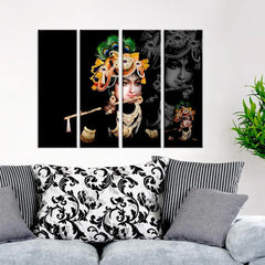 Multiple Frame Beautiful Multicolour Krishna with Flute Spiritual Canvas Print Set of 4 Pieces Wall Painting for Living Room, Bedroom, Office Wall Decoration (24" x 8" Each Panel)