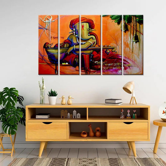 Multiple Wooden Framed Beautiful Lord Ganesha Modern Art Set of 5 Pieces Canvas Painting  for Living Room, Bedroom, Office Wall Decoration (24" x 8" Each Panel)