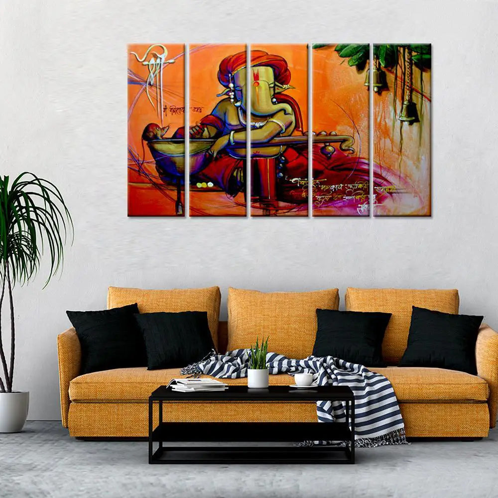 Multiple Wooden Framed Beautiful Lord Ganesha Modern Art Set of 5 Pieces Canvas Painting  for Living Room, Bedroom, Office Wall Decoration (24" x 8" Each Panel)