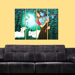 Lord Radha Krishna in Forest 4 Pieces Religious Canvas Multiple Frame Wall Painting for Living Room, Bedroom, Office Wall Decoration (24" x 8" Each Panel)