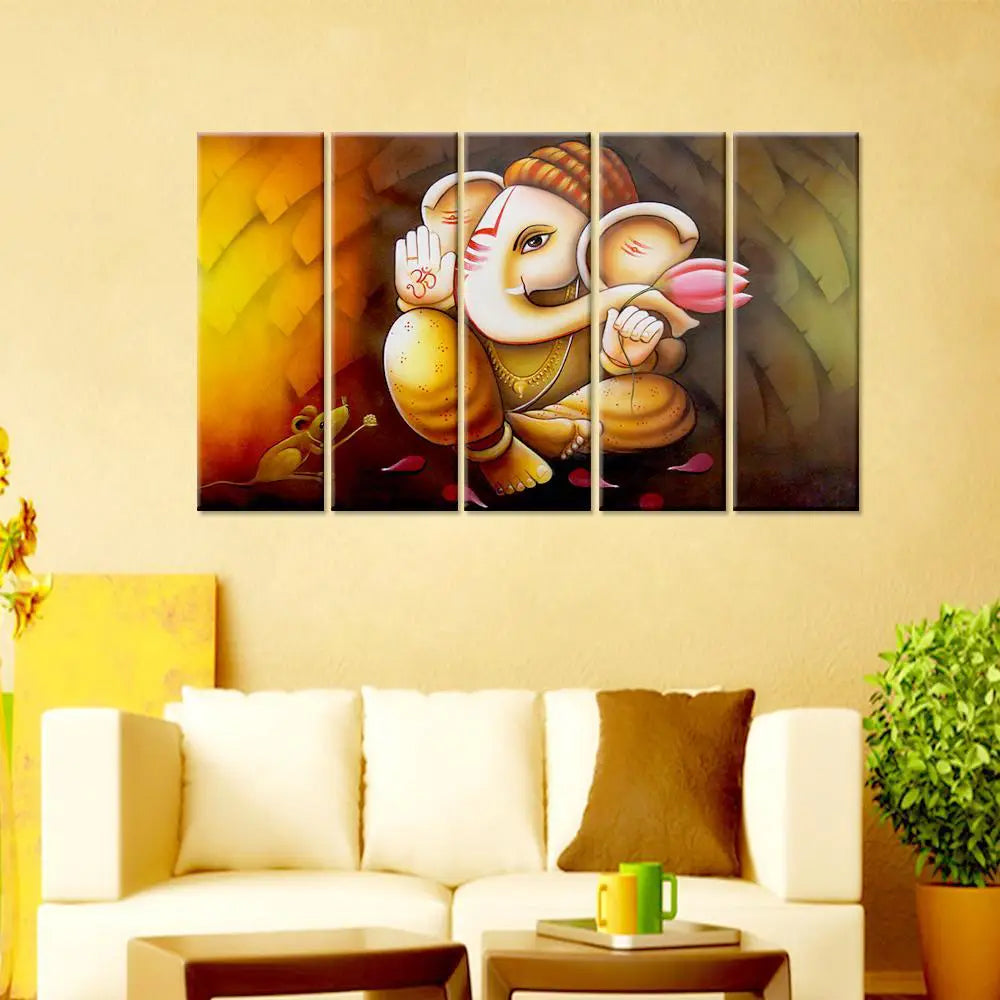 Lord Ganesha Canvas Print  5 Pieces Framed Canvas Wall Painting for Living Room, Bedroom, Office Wall Decoration (24" x 8" Each Panel)