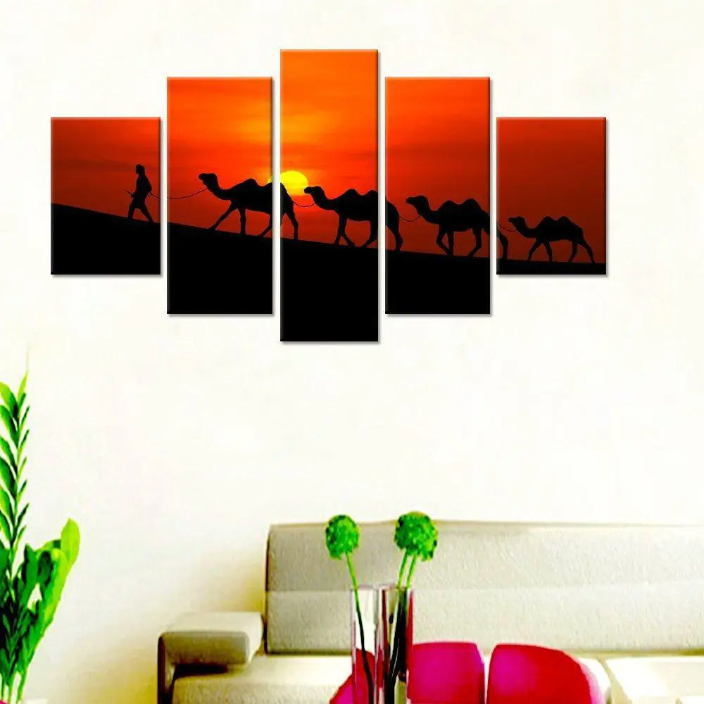 Rajasthani Camel Sunset 5 Pieces Abstract Scenery Canvas Framed Wall Painting for Living Room, Bedroom, Office Wall Decoration