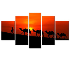 Rajasthani Camel Sunset 5 Pieces Abstract Scenery Canvas Framed Wall Painting for Living Room, Bedroom, Office Wall Decoration