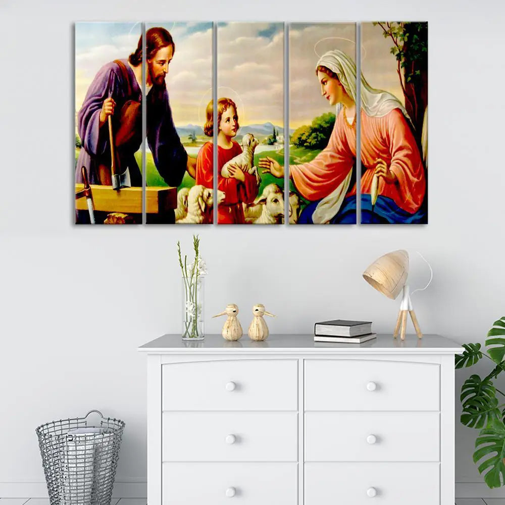 Jesus with Family Spiritual  Multiple Framed Canvas Wall Art Painting for Living Room, Bedroom, Office Wall Decoration  (24" x 8" Each Panel)