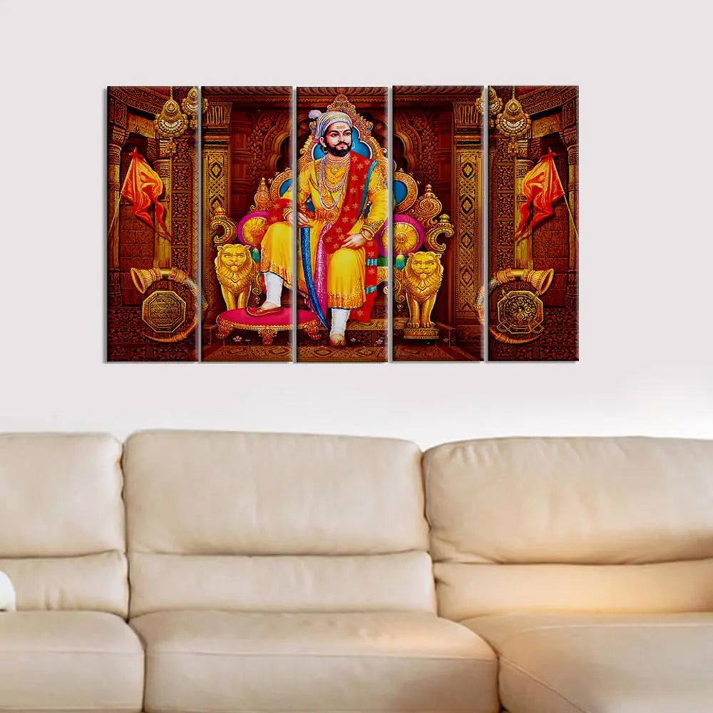 Chattrapati Shivaji Maharaj Wall Painting Wooden Framed 5 Pieces Big Canvas Painting for Living Room, Bedroom, Office Wall Decoration (24" H x 8" W Each panel)