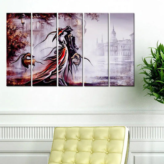 Modern Art Vintage Couple 5 Pieces Multiple Frame Canvas Print Wall Painting for Living Room, Bedroom, Office Wall Decoration(24" H x 8" W Each panel)