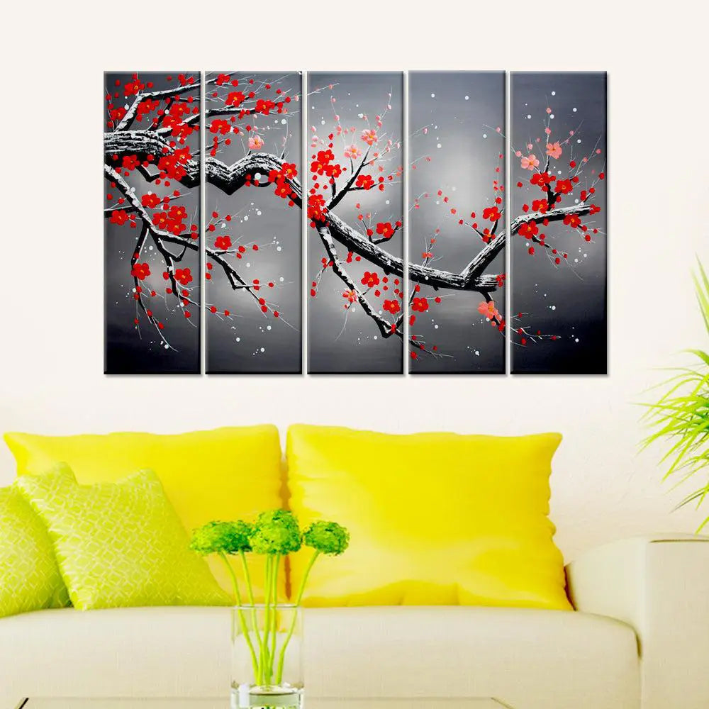 Red Cherry Blossom Tree Branch Multi Wood Framed Canvas Wall Painting for Living Room, Bedroom, Office Wall Decoration(24" H x 8" W Each panel)