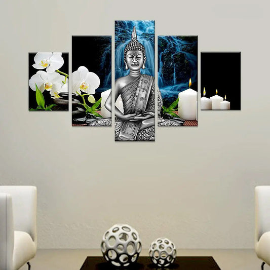 Serene Enlightenment Lord Gautam Buddha Multi Framed 5 Pieces Wood Framed Canvas Wall Painting for Home and Office Décor