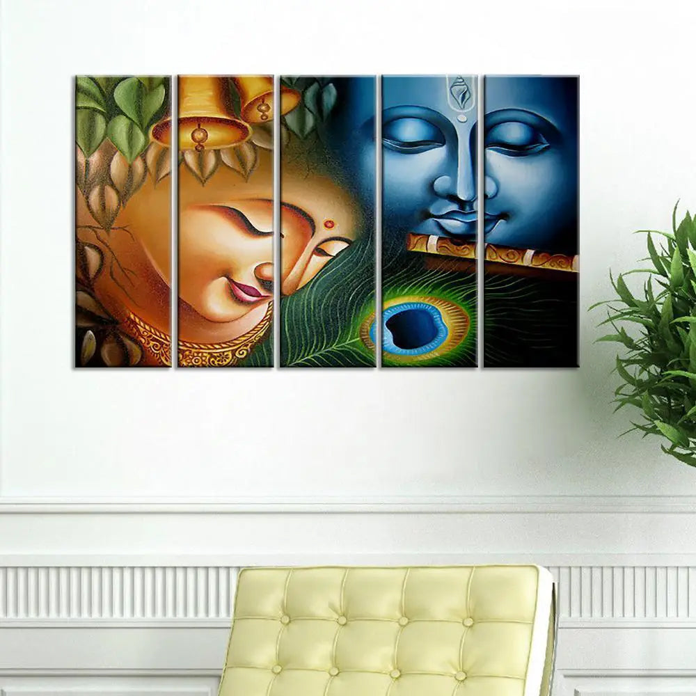 Radiant Devotion 5 Pieces Colorful Radha Krishna Spiritual Canvas Wall Painting for Living Room Bedroom and Office Decoration