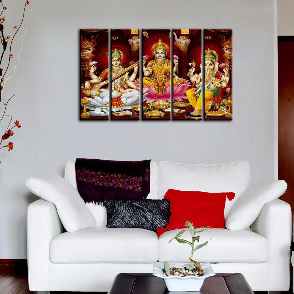 Divine Trio Laxmi Ganesha Saraswati Ji Multi Frame Canvas Wall Art | Spiritual Home Decor