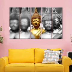 Elegant Lord Buddha Idols Multi Frame Wood Stretched Canvas Wall Painting | Serene Wall Décor