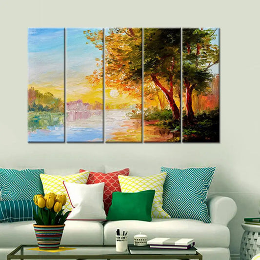 Radiant Dawn Multi Frame 5 Pieces Canvas Print Wall Painting Beautiful Sunrise Nature Scenery for Home and Office Decor