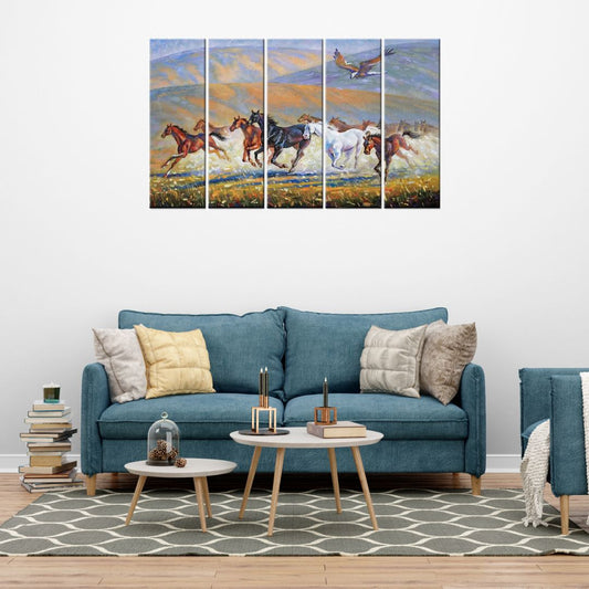 Majestic Horses and Hawk Multi Frame Canvas Wall Painting for Home and Office Wall Dekoration