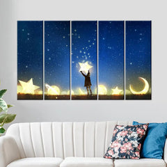 Enchanting Moon and Stars Fantasy 5 Piece Multi Frame Canvas Wall Art