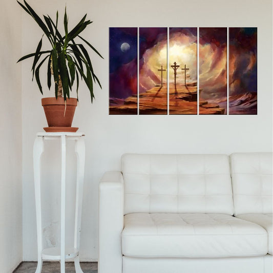 Sacred Jesus Christ on the Cross 5 Pieces Multi Frame Canvas Wall Painting for Home and Office Décor