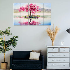 Gorgeous Pink Cherry Blossom Tree 5-Piece Multicolour Canvas Wall Painting for Elegant Home & Office Decor