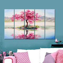 Gorgeous Pink Cherry Blossom Tree 5-Piece Multicolour Canvas Wall Painting for Elegant Home & Office Decor