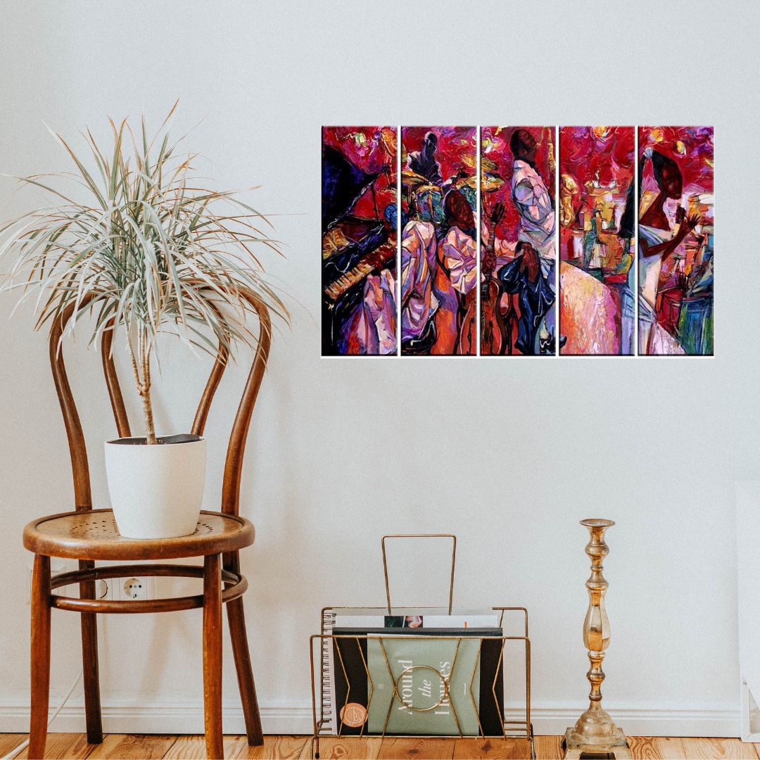 Harmonious Musicians Abstract Art | 5-Piece Canvas Wall Painting with Instruments