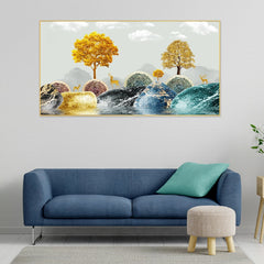 Radiant Arboreal Reverie Golden Trees Floating Framed Canvas Wall Painting