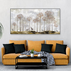 Golden Tree and Deer Floating Frame Canvas Wall Painting | Elegant Nature Art for Home Décor