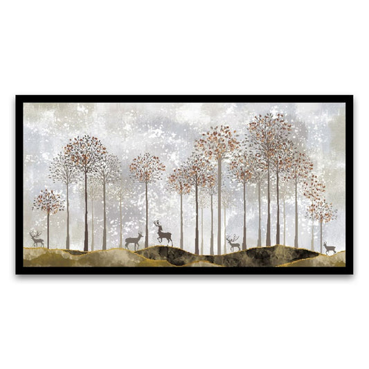 Golden Tree and Deer Floating Frame Canvas Wall Painting | Elegant Nature Art for Home Décor