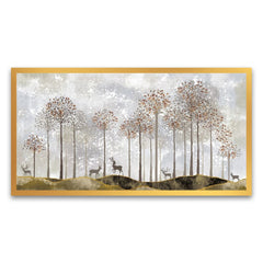 Golden Tree and Deer Floating Frame Canvas Wall Painting | Elegant Nature Art for Home Décor