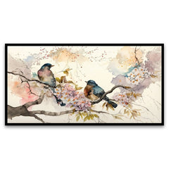 Colorful Birds on Stick Blooming Tree with Flower Floating Frame Canvas Wall Painting