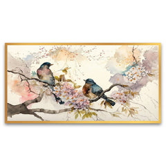 Colorful Birds on Stick Blooming Tree with Flower Floating Frame Canvas Wall Painting