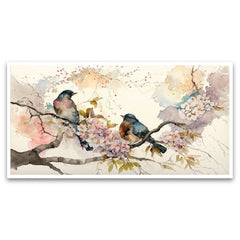 Colorful Birds on Stick Blooming Tree with Flower Floating Frame Canvas Wall Painting