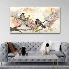 Colorful Birds on Stick Blooming Tree with Flower Floating Frame Canvas Wall Painting