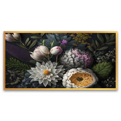 White Flowers on Dark Background Floating Frame Canvas Wall Painting