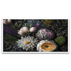 White Flowers on Dark Background Floating Frame Canvas Wall Painting