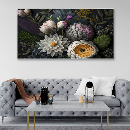 White Flowers on Dark Background Floating Frame Canvas Wall Painting