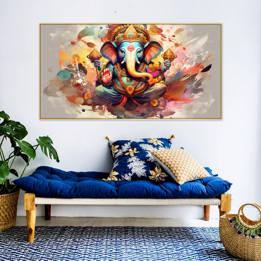 Divine Vighnaharta Lord Ganesha Canvas Floating Frame | Landscape Wall Painting for Home Décor