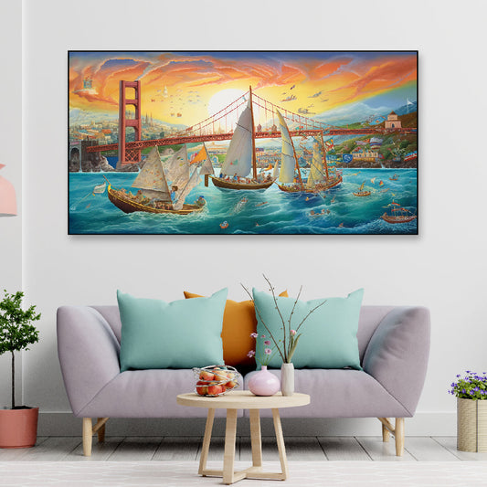 Sailing Past Golden Gate Bridge Floating Frame Landscape Canvas Wall Painting