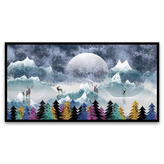 Multicolor Deer Amidst Snowy Peaks Canvas Framed Wall Painting