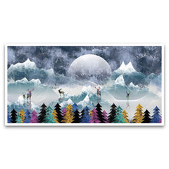 Multicolor Deer Amidst Snowy Peaks Canvas Framed Wall Painting