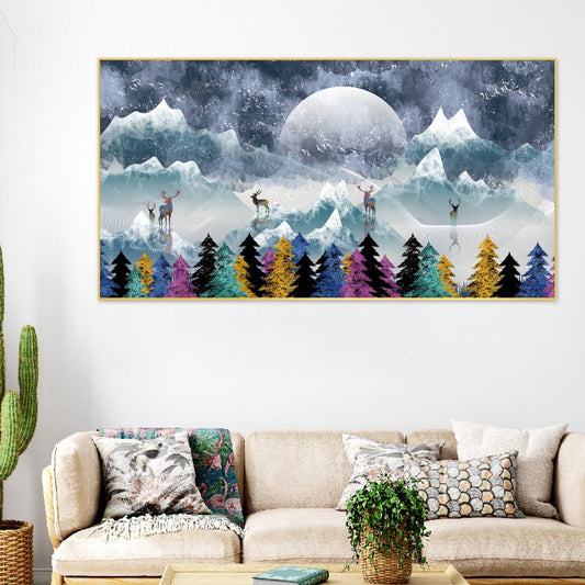 Multicolor Deer Amidst Snowy Peaks Canvas Framed Wall Painting