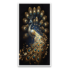 Panoramic Golden Peacock Design Canvas Framed Wall Painting