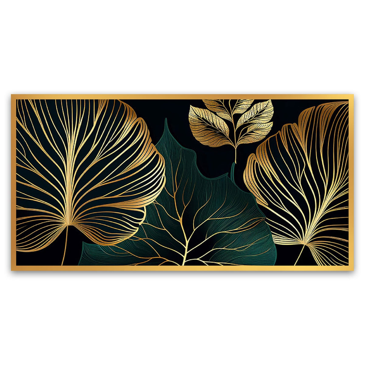 Golden Leaves Botanical Modern Art Print | Floating Frame Canvas Painting