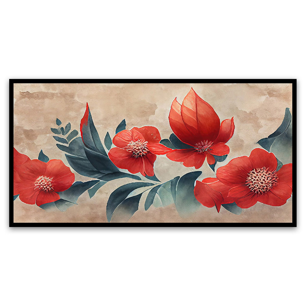 Floating Frame Wall Painting with Red Flower Background & Japanese Floral Pattern | 3D Illustration Canvas Art