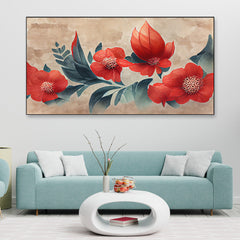 Floating Frame Wall Painting with Red Flower Background & Japanese Floral Pattern | 3D Illustration Canvas Art