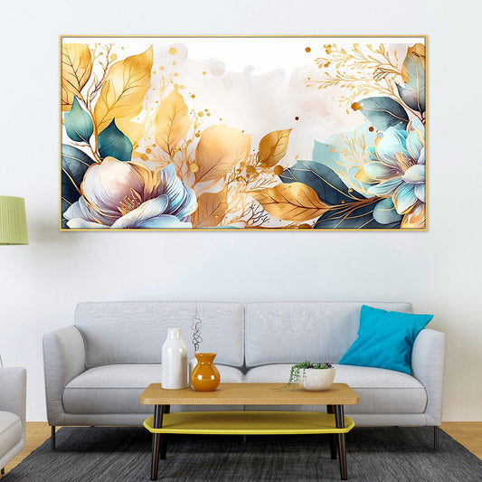 Golden Leaves & Blue Flower Modern Art Canvas Painting | Floating Frame Wall Decor for Bedroom & Living Room