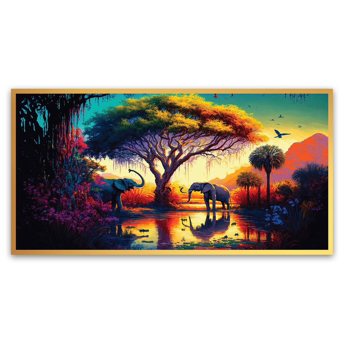 Two Elephants Resting Beneath a Tree in the Savannah Art Masterpiece